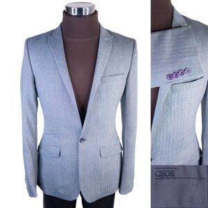NWT ASOS Men's Two Button Herringbone Blue Sport Coat Blazer Sz 38R Wool Blend